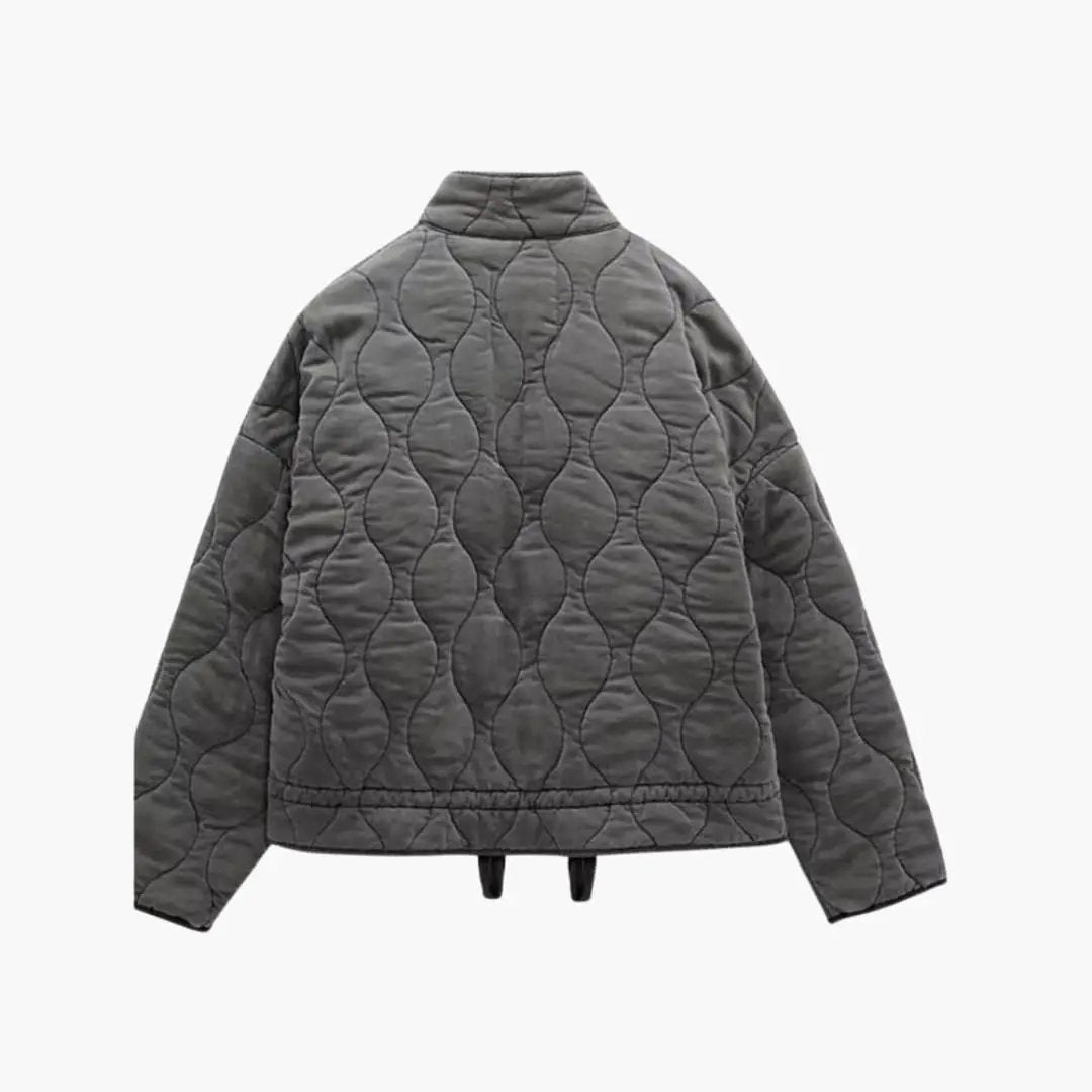 Women's Quilted Jacket gray with curved-oval quilting, back view