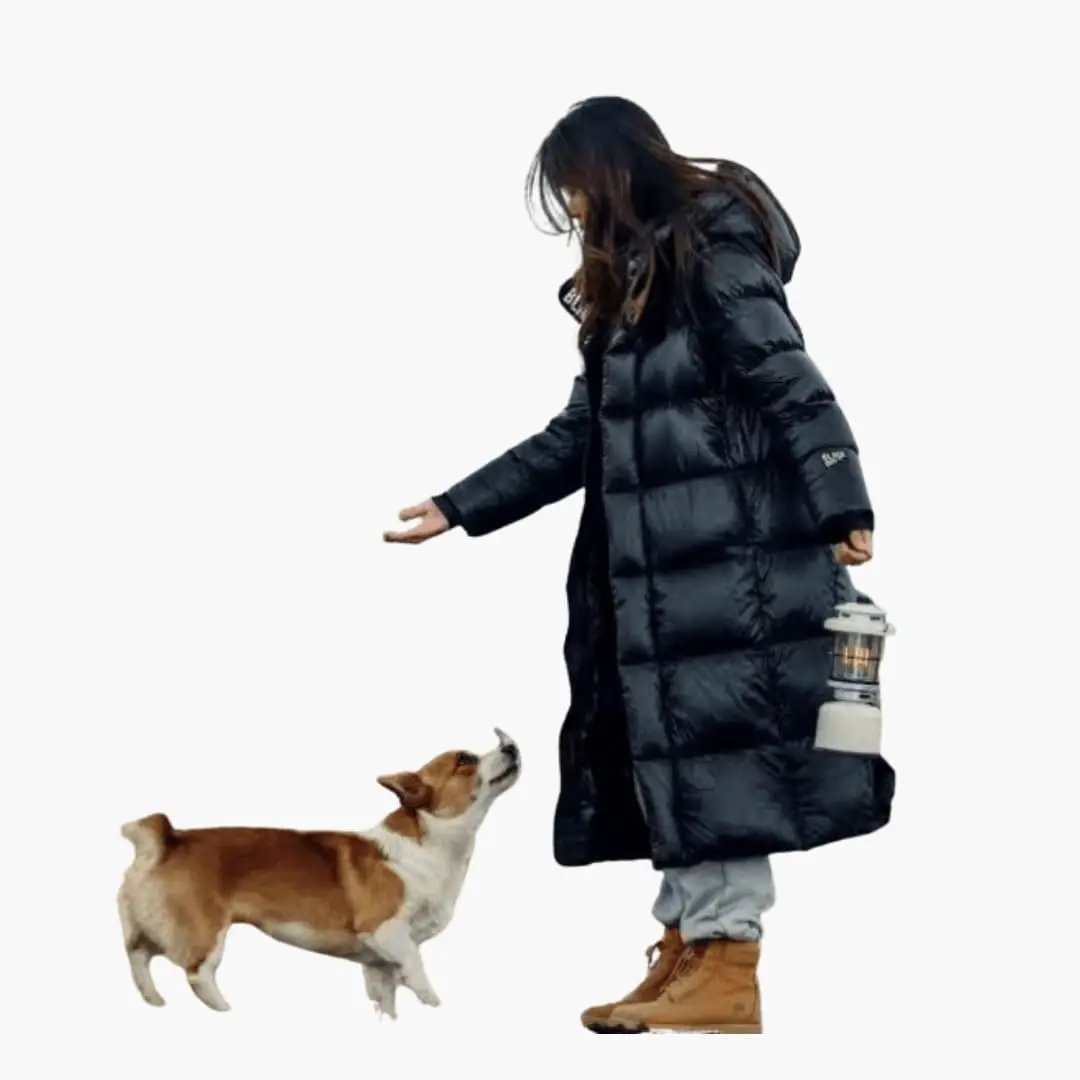 Women's long padded puffer jacket with adjustable hood, black
