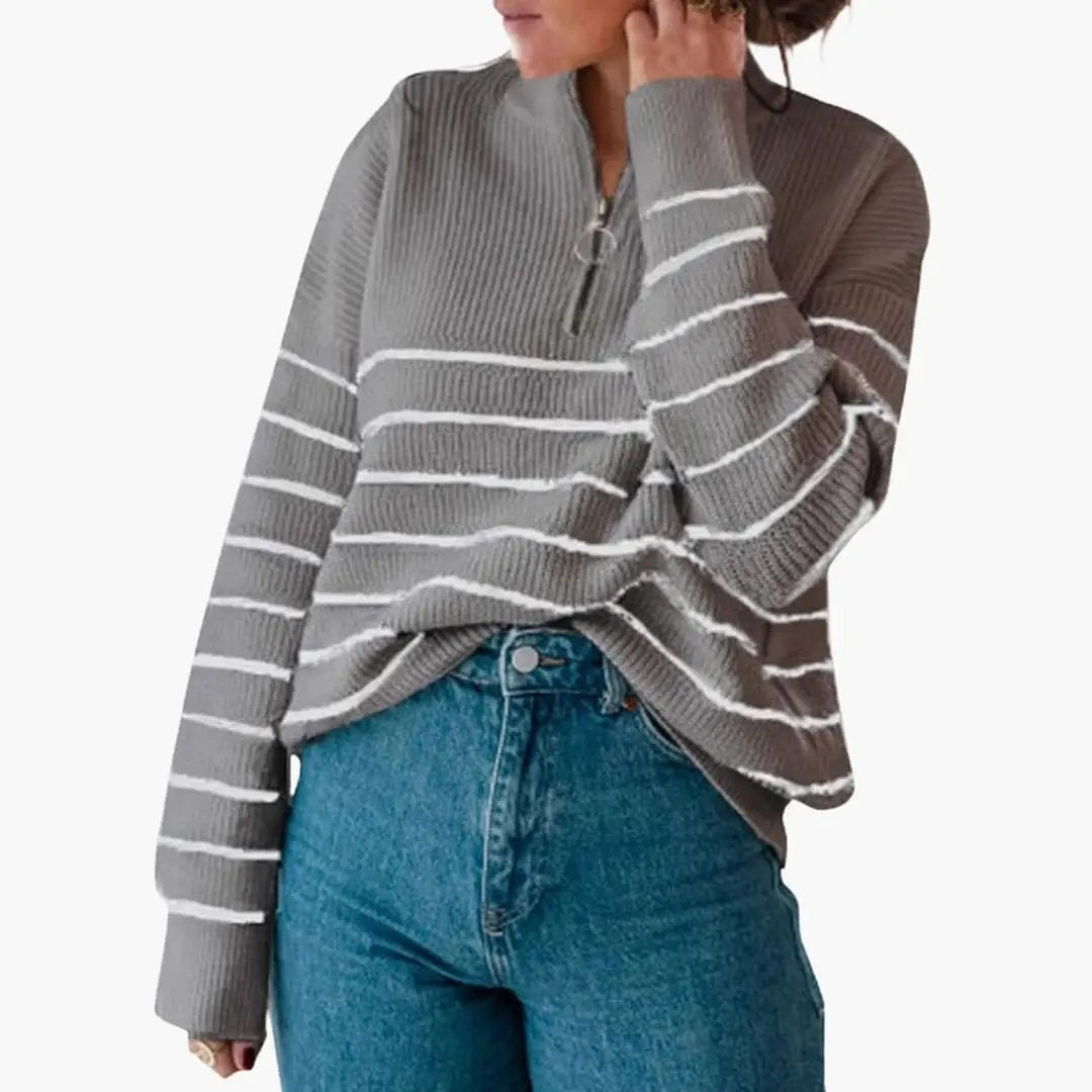 Women's knit pullover with half-zip in gray striped pattern by Wilfred Smith