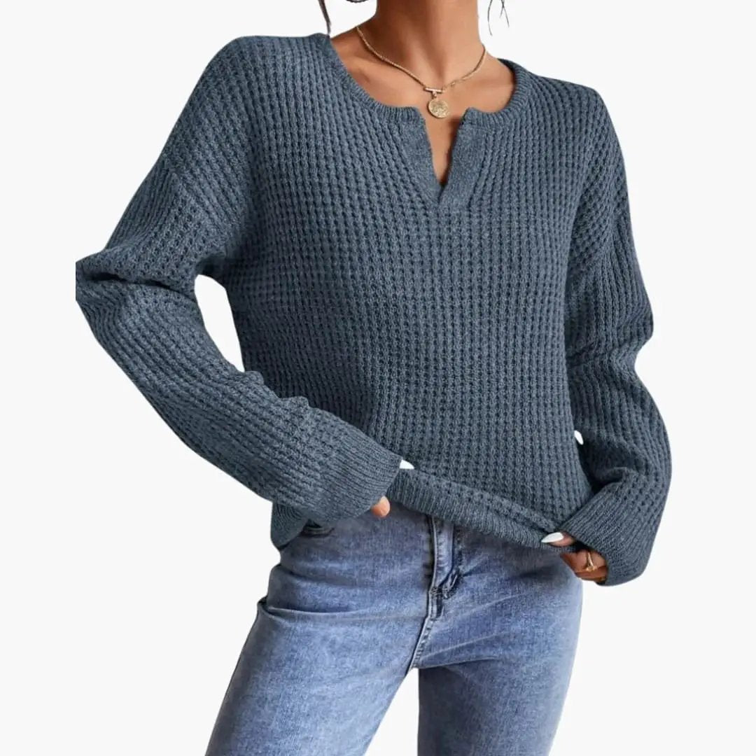 Women's knit sweater with slit neckline, blue-gray oversized pullover with chunky knit texture