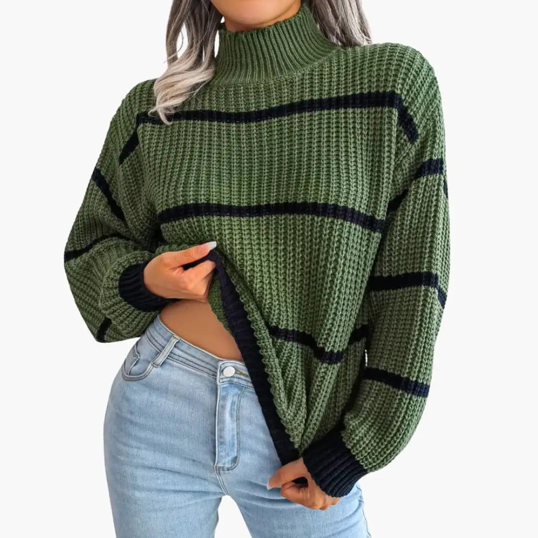 Women's knit sweater with black stripes in olive green, featuring a high collar.