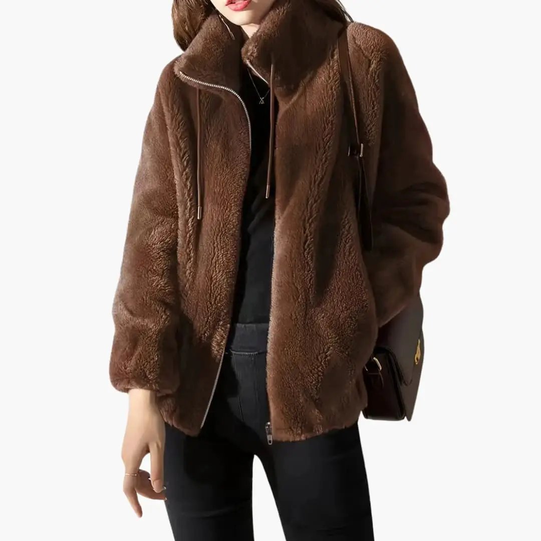 Women’s teddy coat with zipper and drawstring, brown plush exterior.