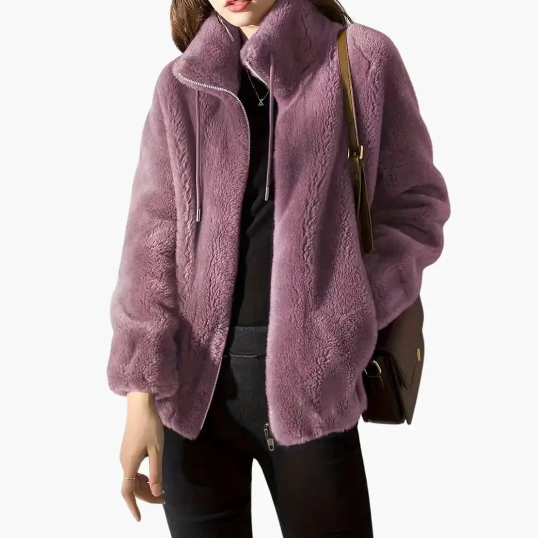 Women’s teddy coat with zipper and drawstring in lavender-pink plush fur