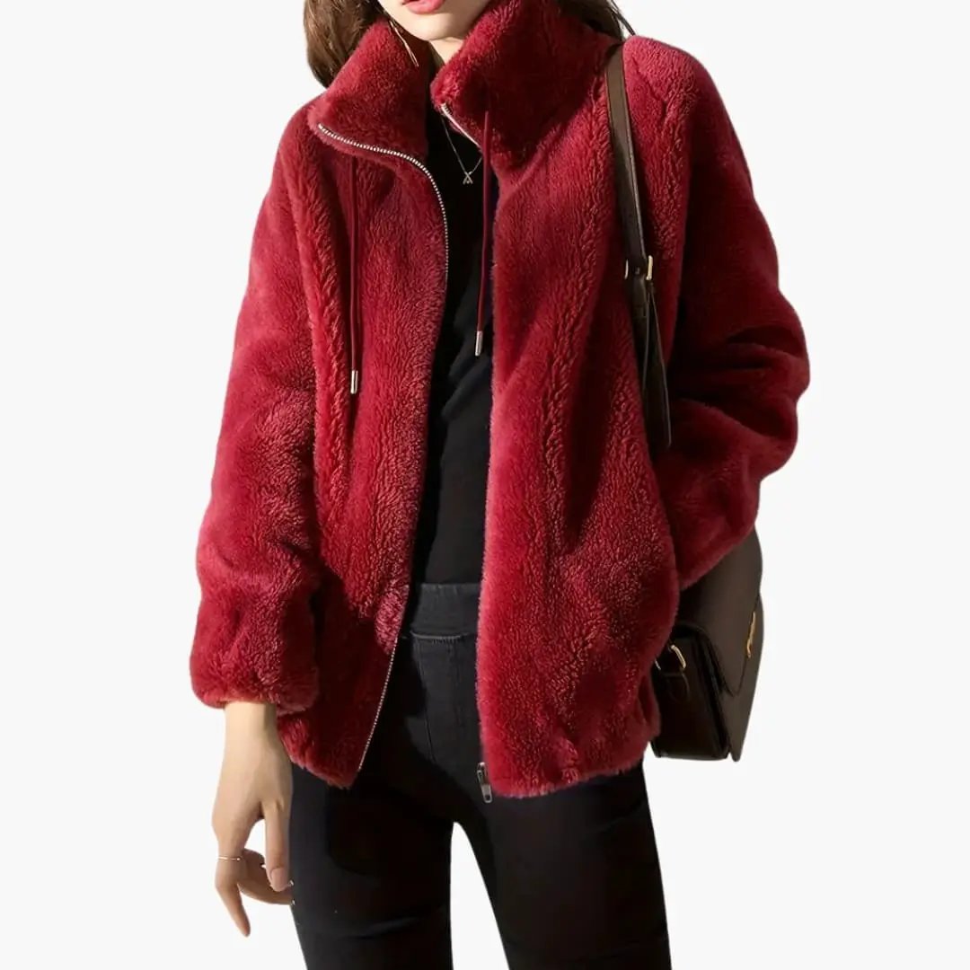 Women’s Teddy Coat in red with zipper and drawstring, plush fleece-like outerwear