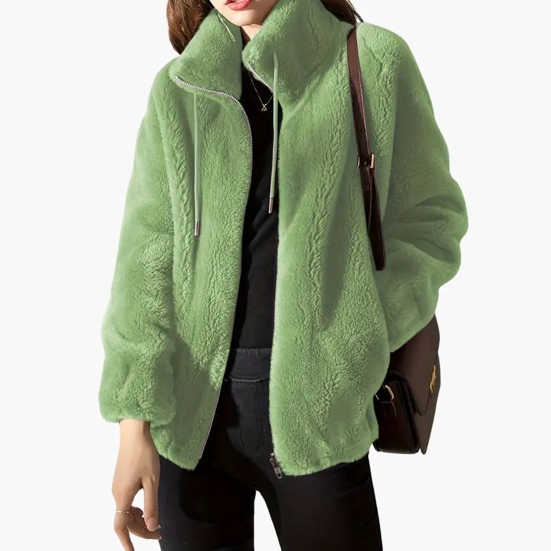 Women’s Teddy Coat by Wilfred Smith in green with zip front and drawstring details, plush fleece