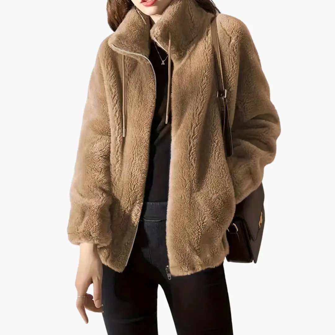 Women’s Teddy Coat by Wilfred Smith in tan faux shearling with zipper and drawstring