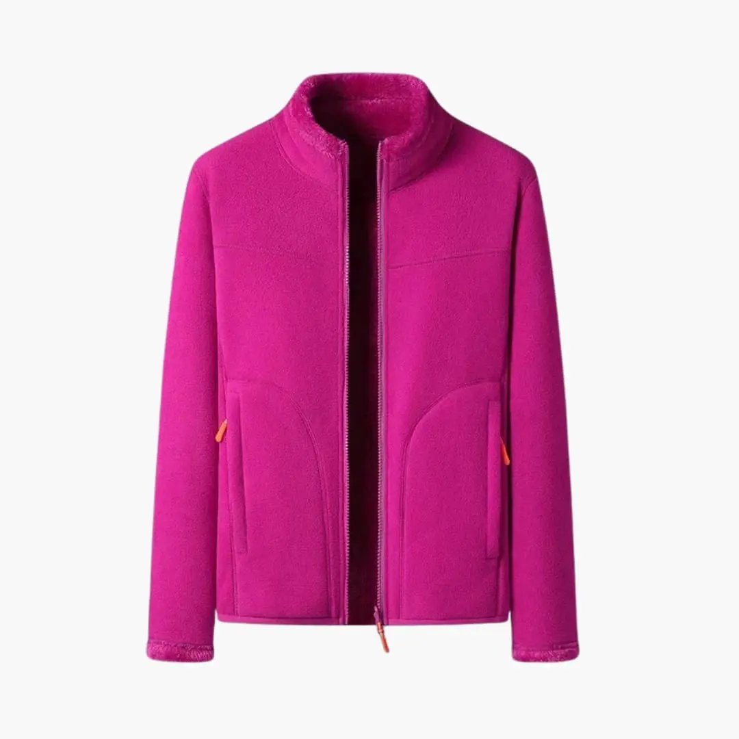 Women's pink fleece jacket with front zipper and pockets by Wilfred Smith