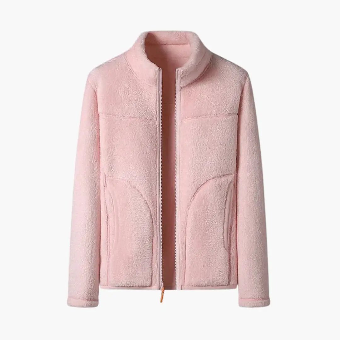 Pink women's fleece jacket with front zipper, stand collar, and curved side pockets.