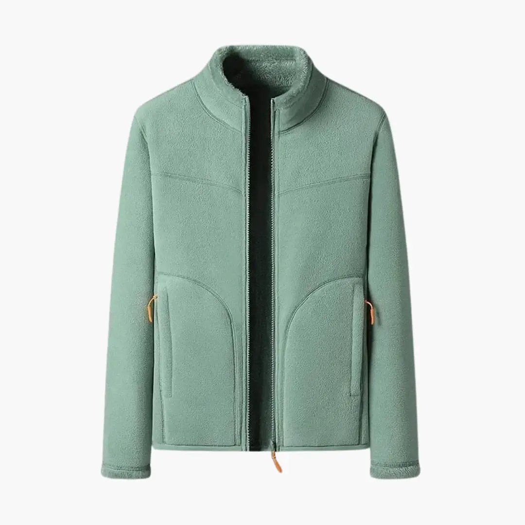 Women's jacket by Wilfred Smith in teal fleece with zipper and pockets.