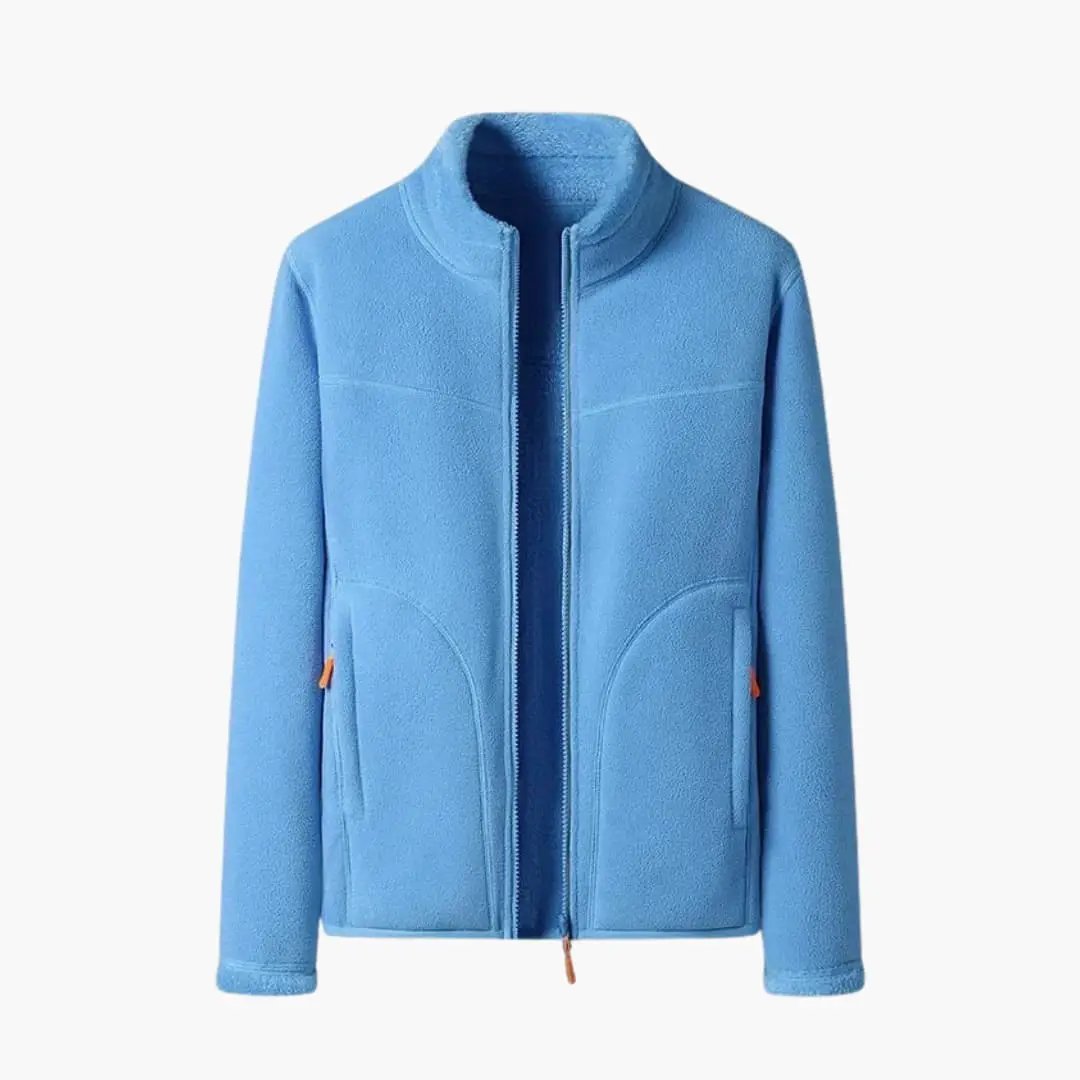 Women's light blue fleece jacket with front zipper and pockets
