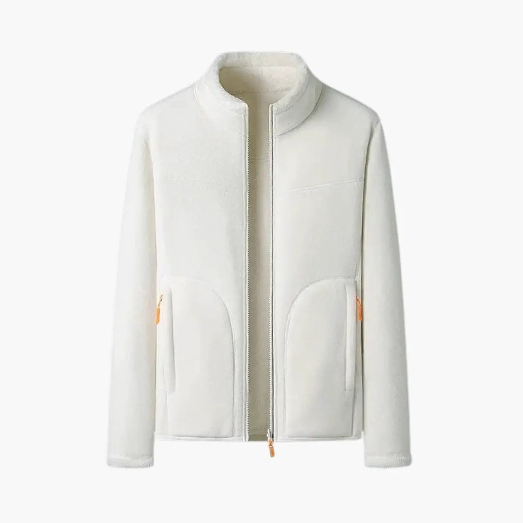 Women's cream fleece jacket with front zipper and pockets featuring orange zipper pulls