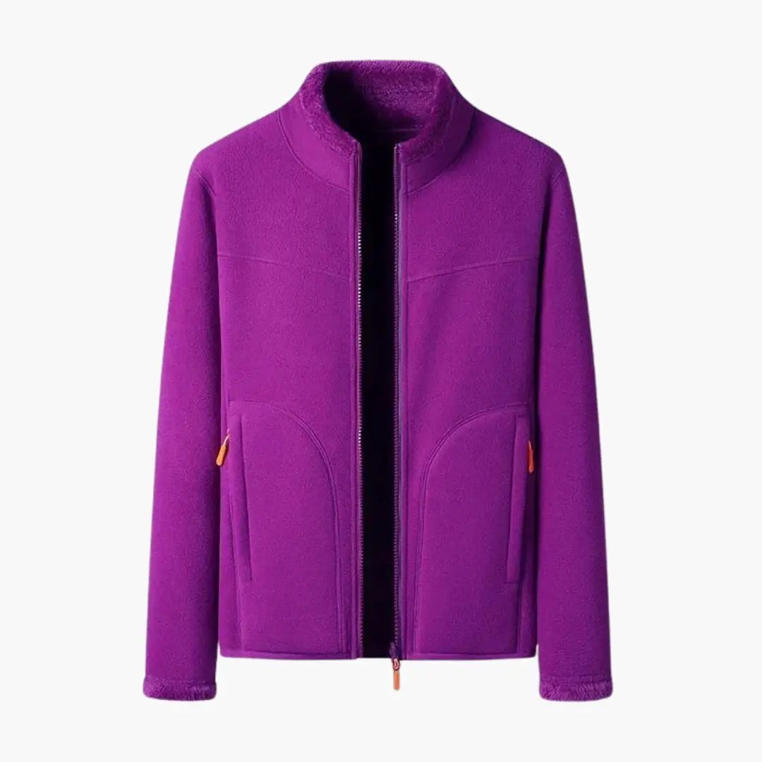 Women's purple fleece jacket with zip front and front pockets