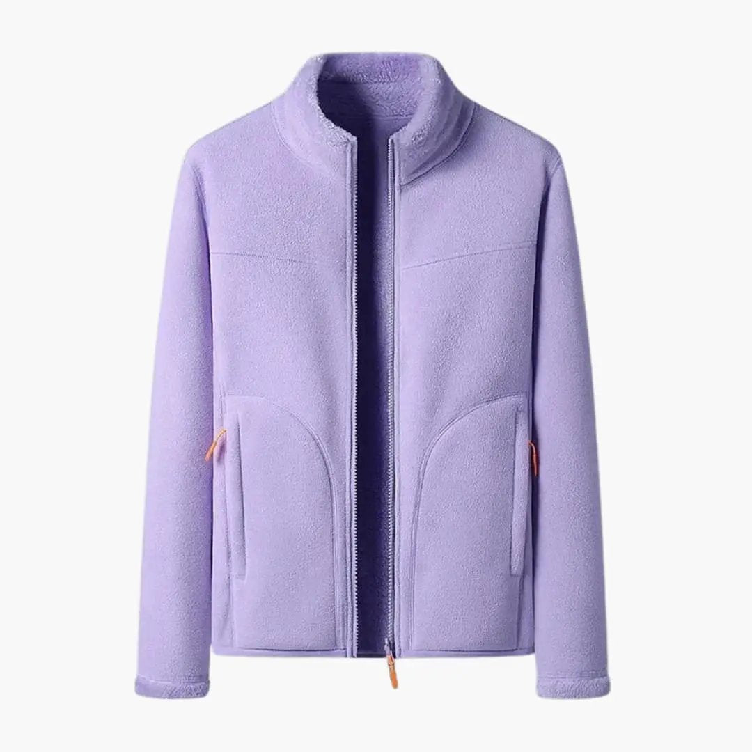 Women's lavender fleece jacket with front zipper and pockets