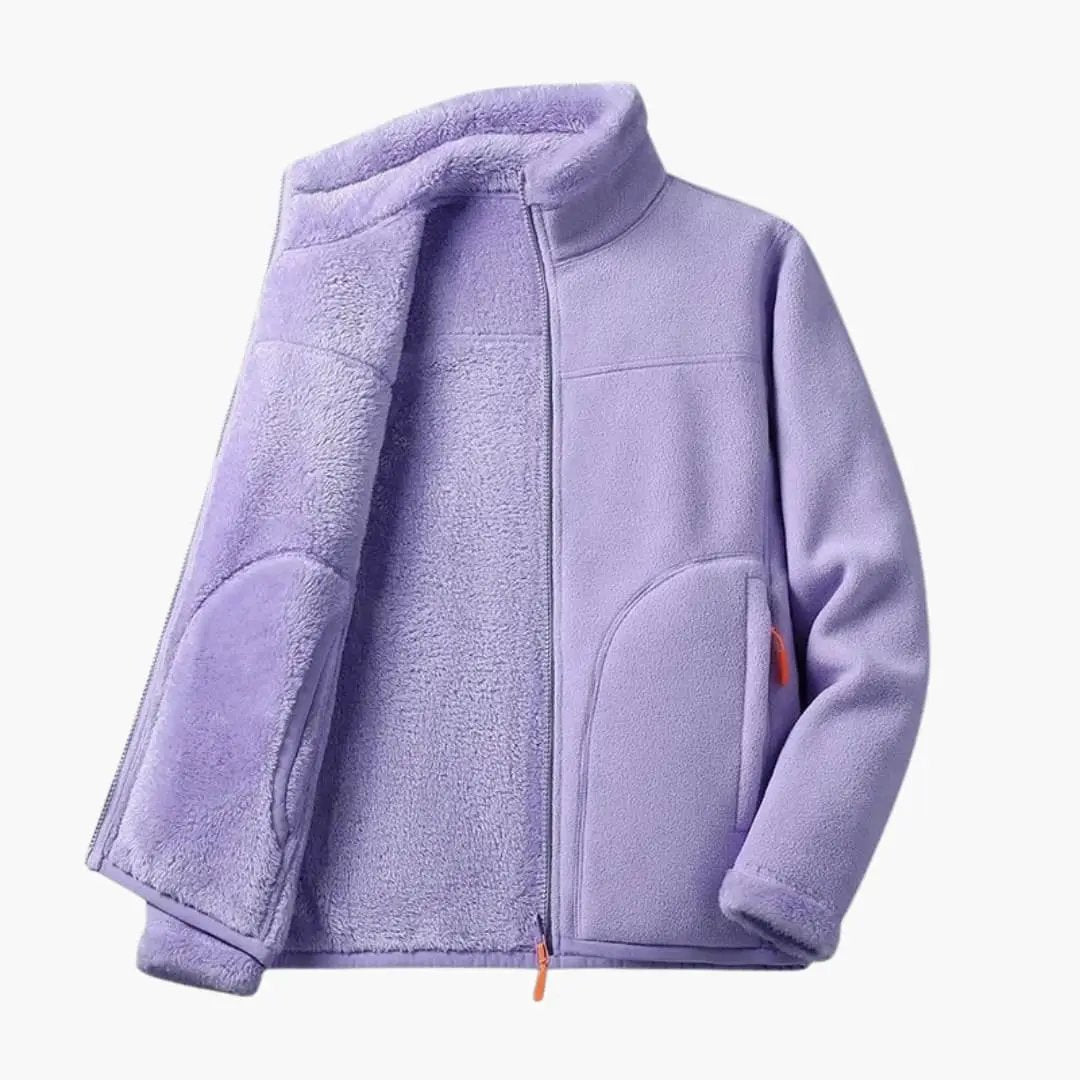 Women's lavender fleece jacket with zipper and pockets for chilly days