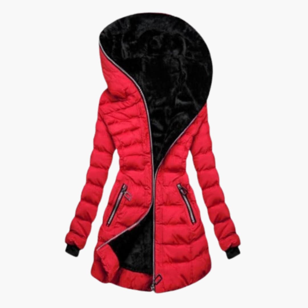 Women's red Wilfred Smith padded jacket with side pockets and black interior lining