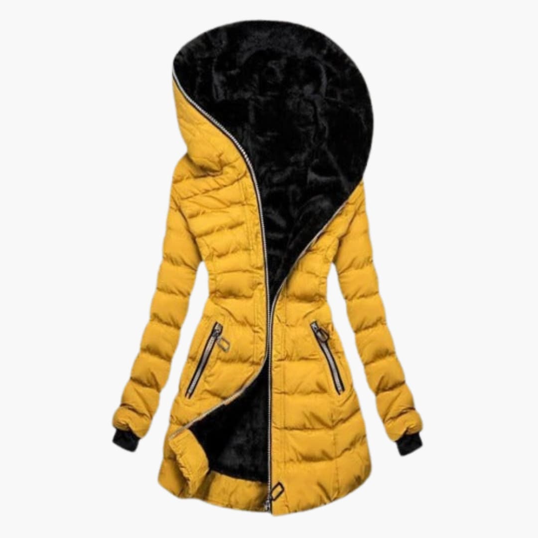Women's yellow padded puffer jacket with side zip pockets and a black fur-lined hood