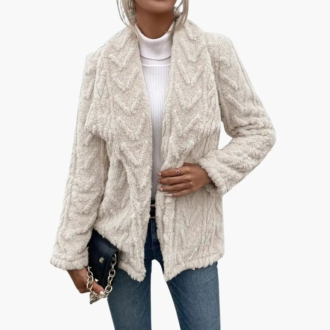 Women's beige textured faux-fur jacket with open front