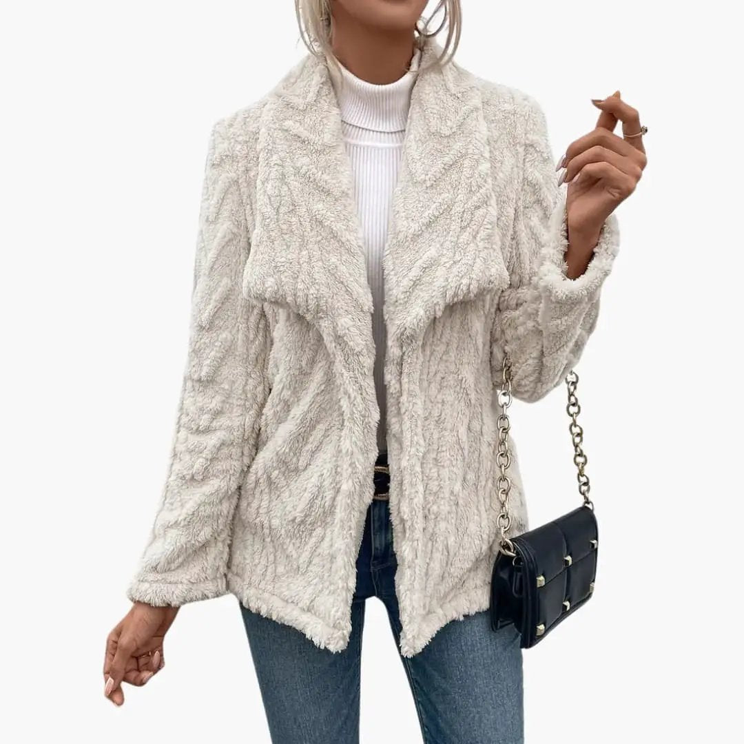 Women's faux shearling jacket with open front in ivory, textured surface by Wilfred Smith