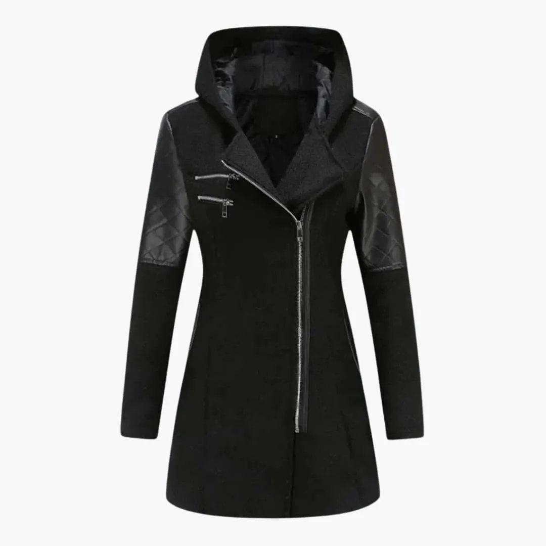 Women's long coat with hood by Wilfred Smith, black with quilted sleeve panels and an asymmetric front zipper.