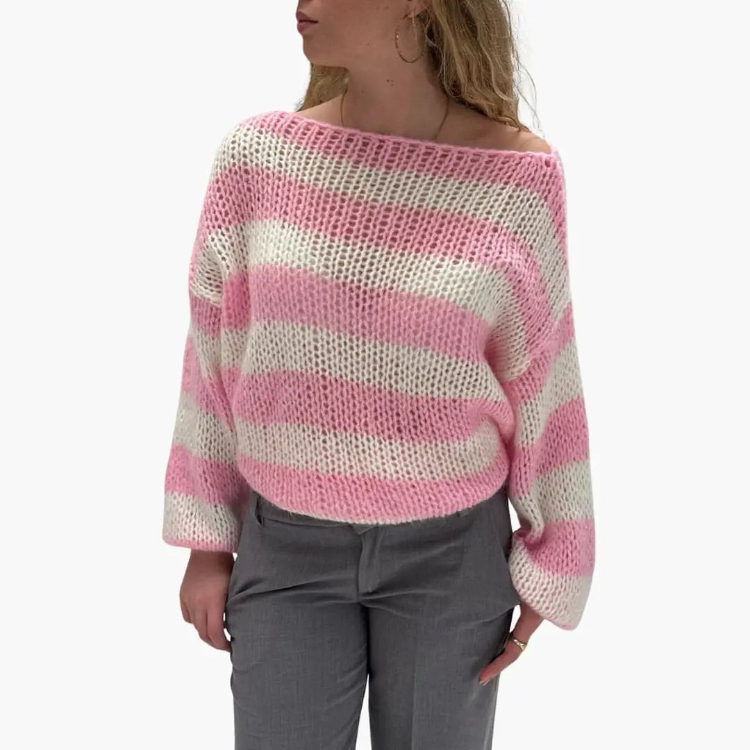 Women's pink and white striped chunky knit sweater with long sleeves by Wilfred Smith.