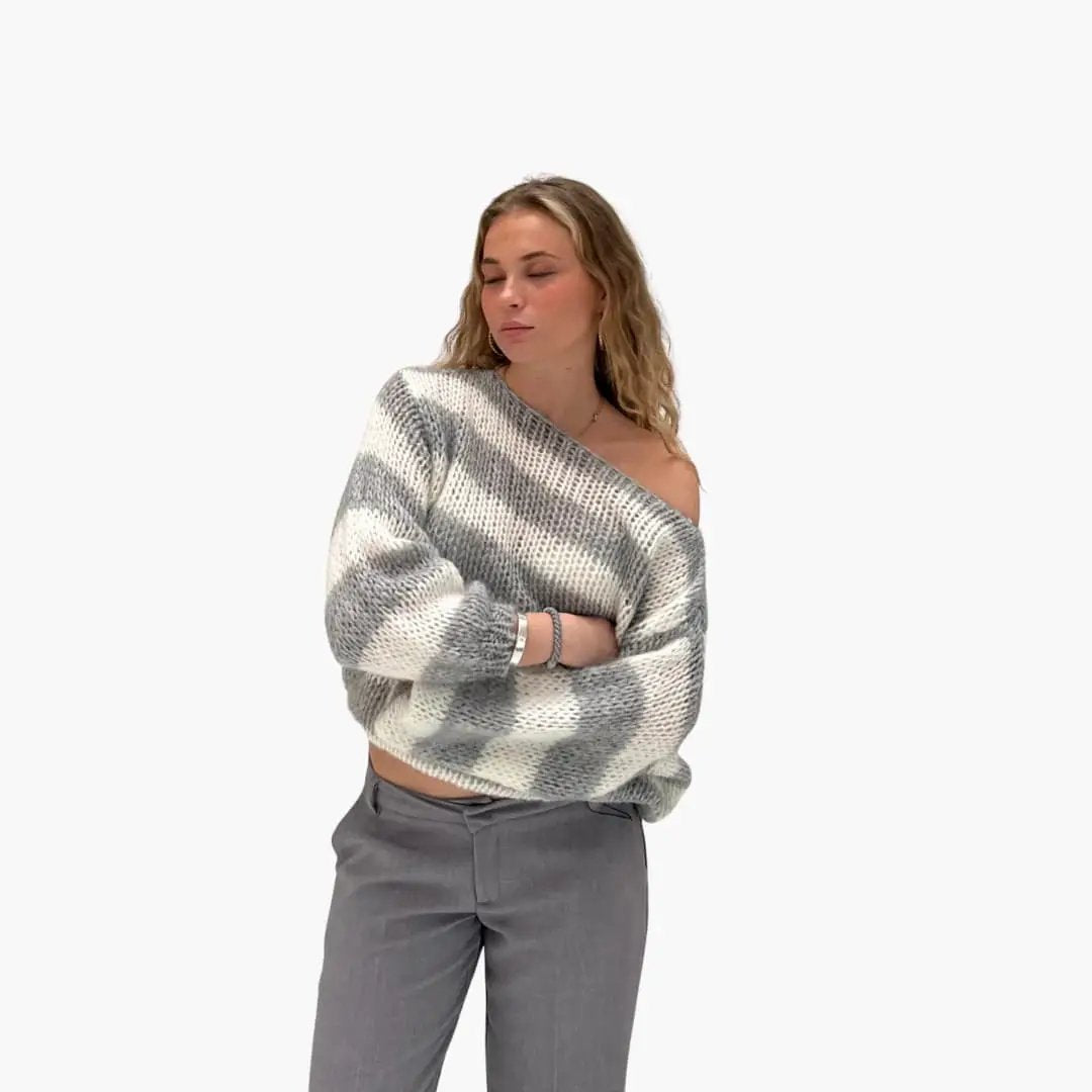 Women's striped knit sweater with off-shoulder neckline, gray and cream, long sleeves.