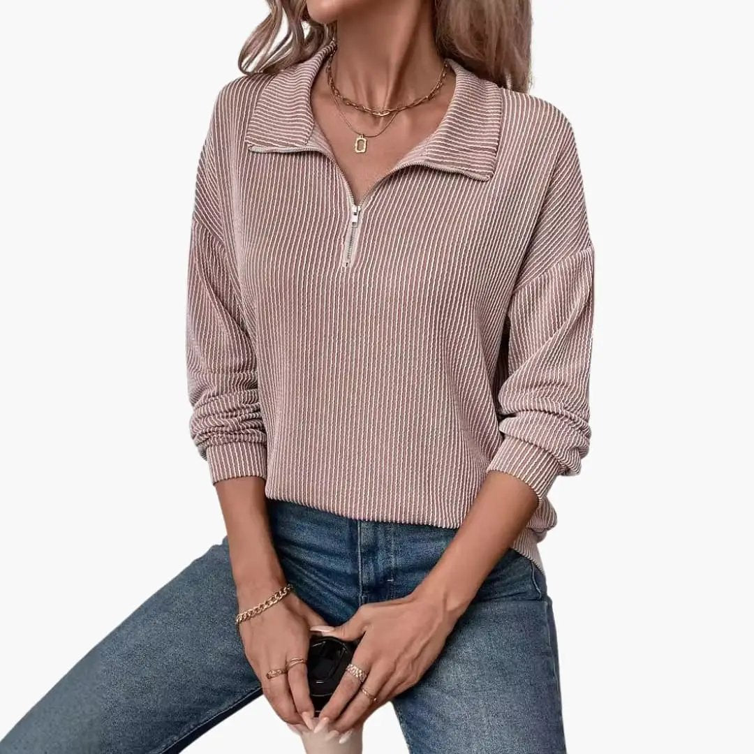 Women's striped knit sweater with collar and half-zip in pink