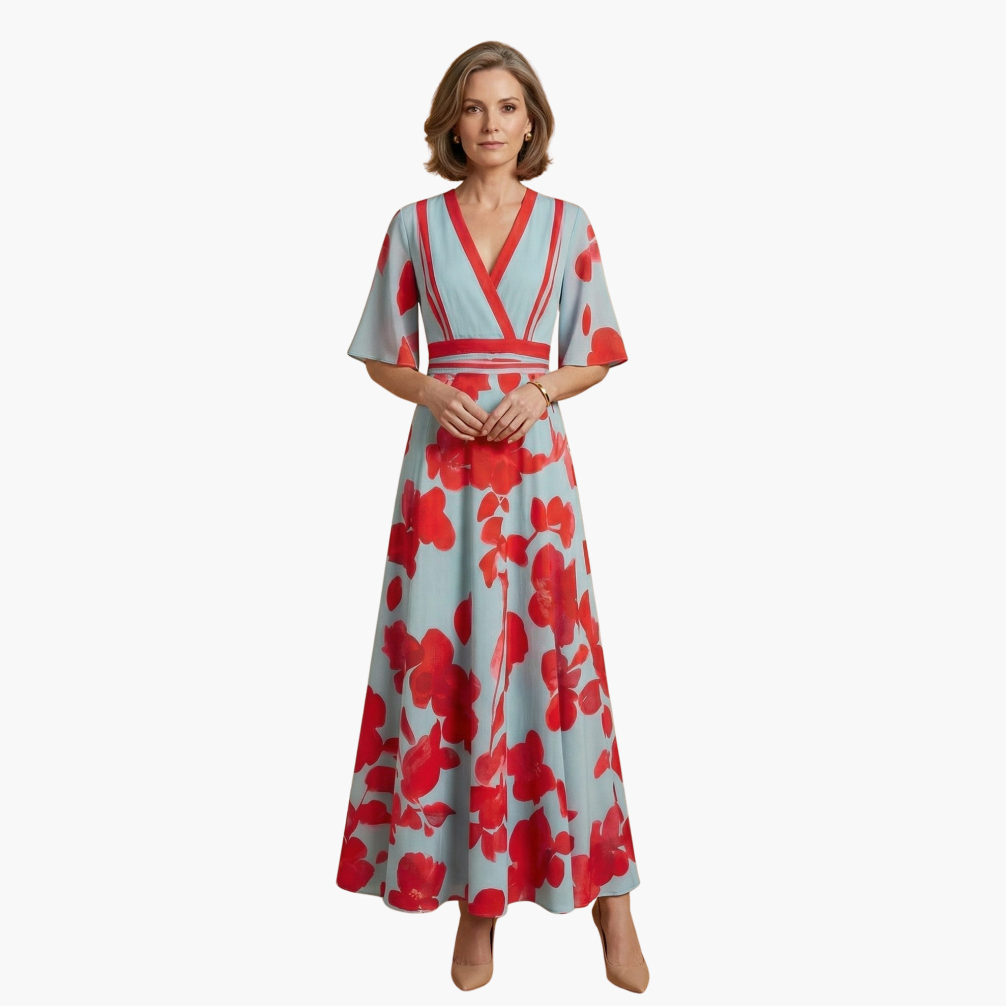 Floral V-neck long dress in light blue with red floral print, belted waist