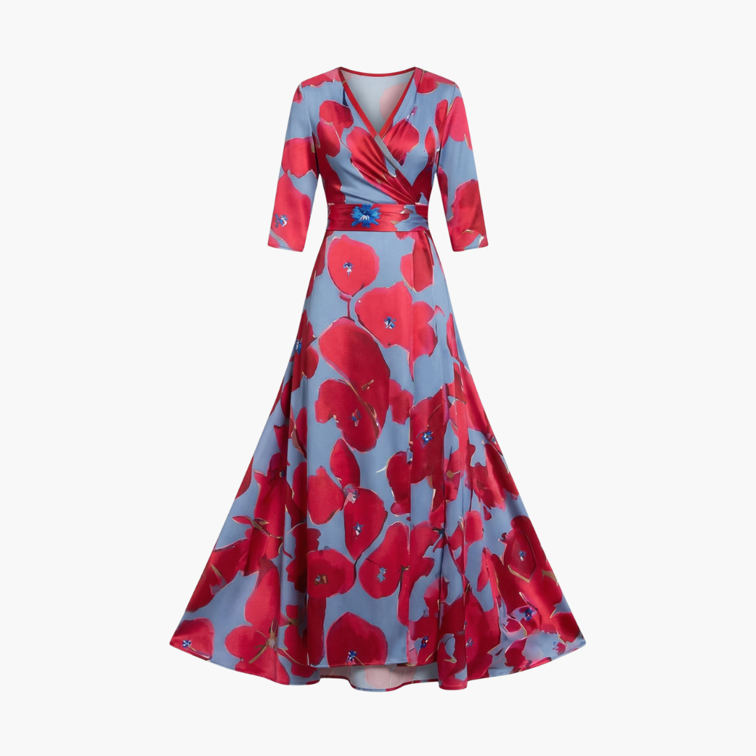 Floral long dress with V-neck, blue background and red flowers, waist sash, women's dress