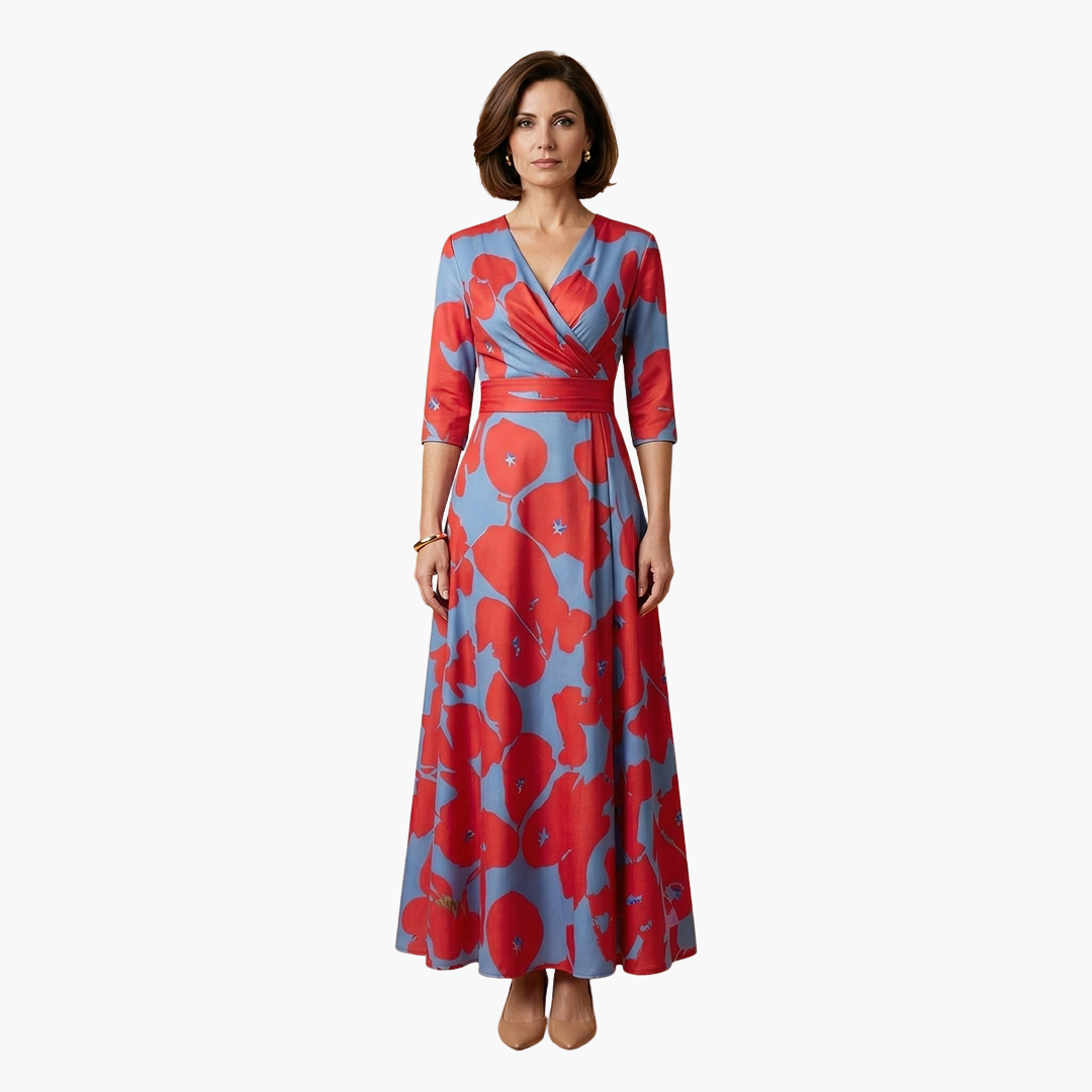Floral maxi dress with V-neck, blue-red print, belted waist and 3/4 sleeves for elegant summer wear for events