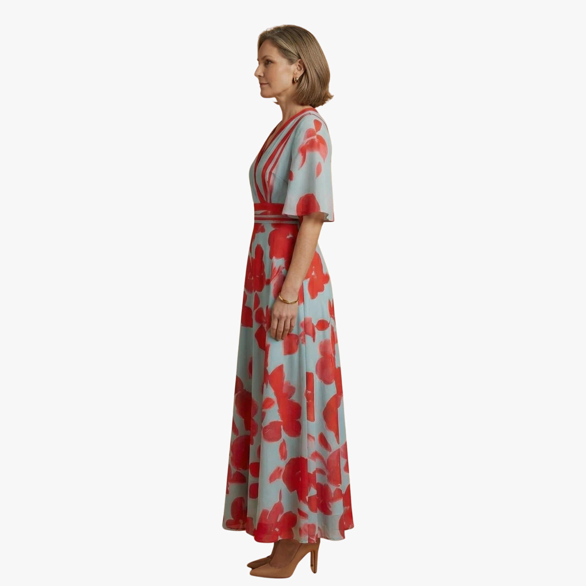 Floral V-neck maxi dress in light blue with red blossoms and waist belt