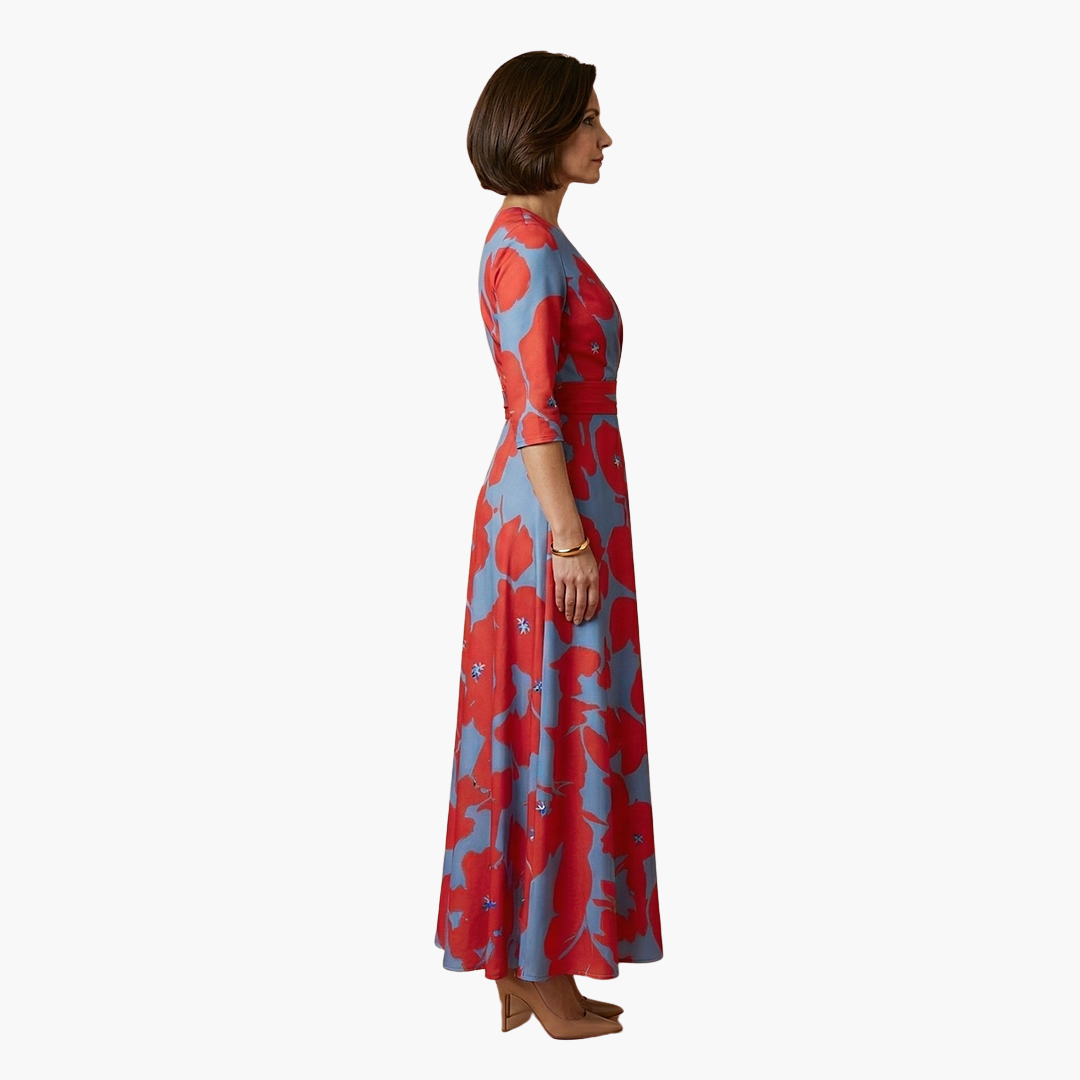 Floral V-neck long dress for women in red and blue print