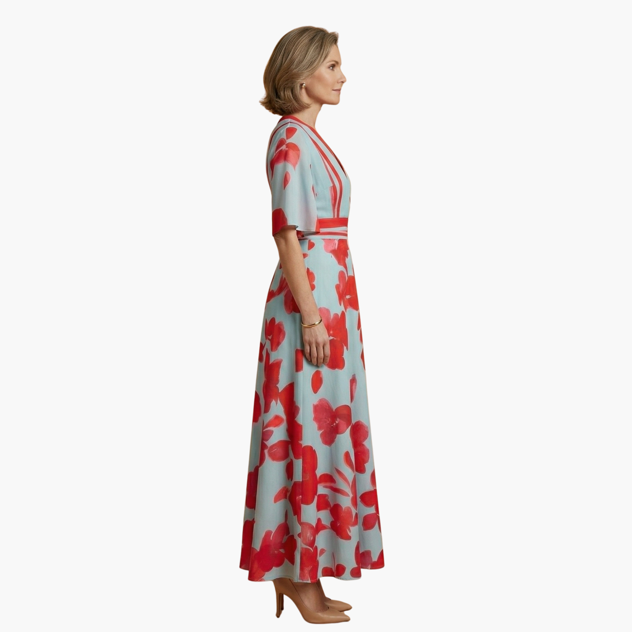Floral V-neck dress by Wilfred Smith, light blue with red flowers, long flowing silhouette.