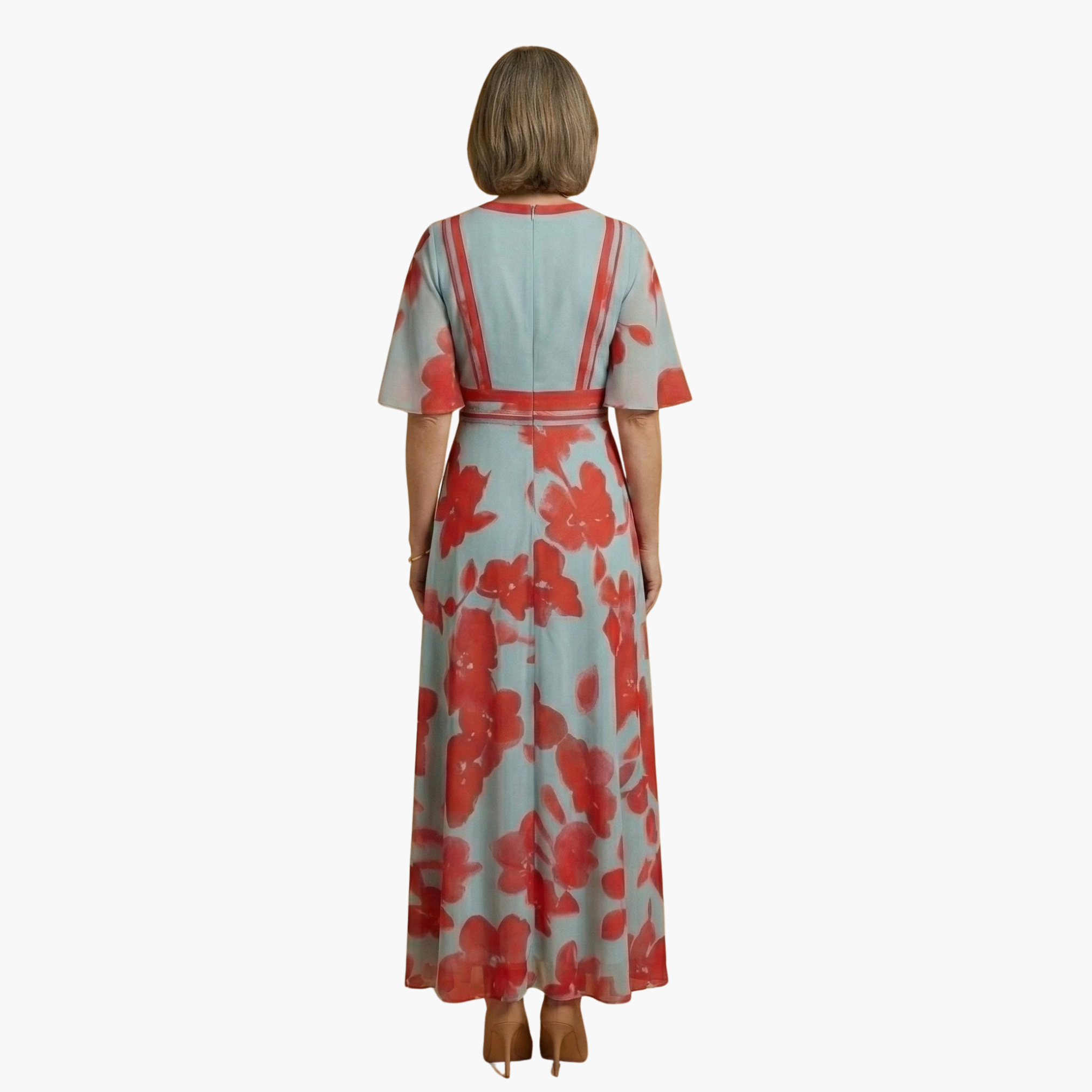 Floral long dress back view; light blue base with red flower print, red waist accents, women's dress