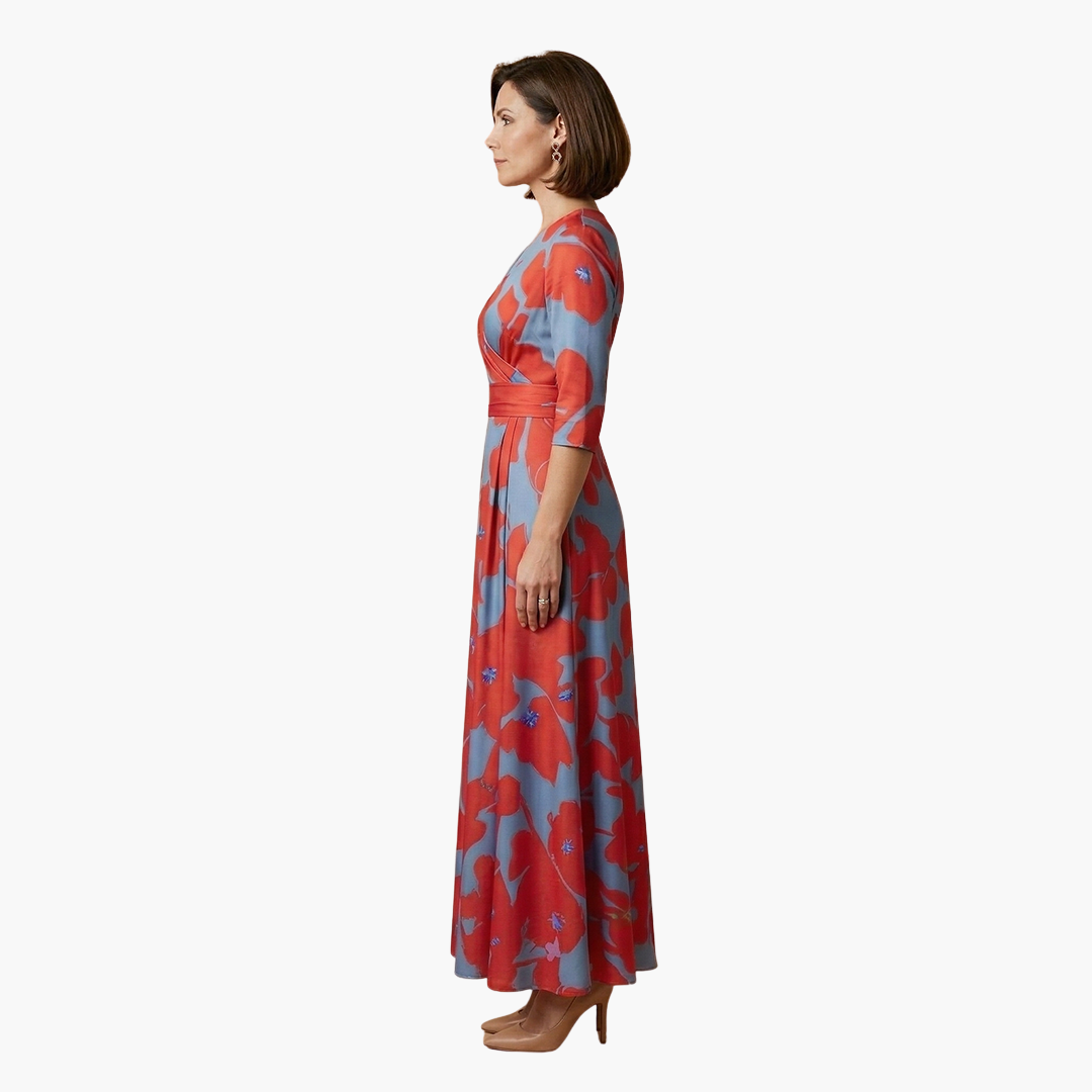 Floral V-neck maxi dress for women by Wilfred Smith in coral and blue