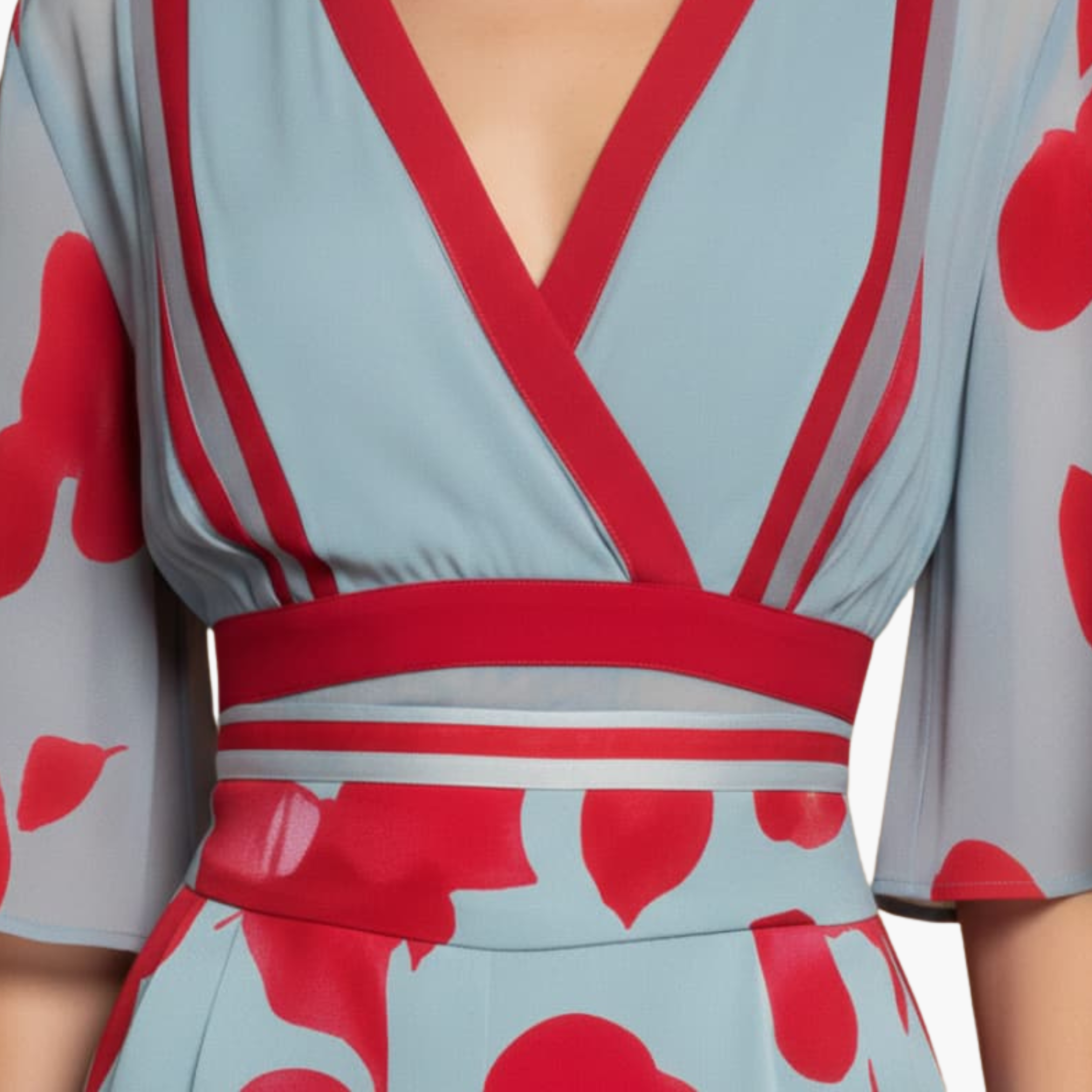 Floral V-neck dress by Wilfred Smith in light blue with red trim and waist belt