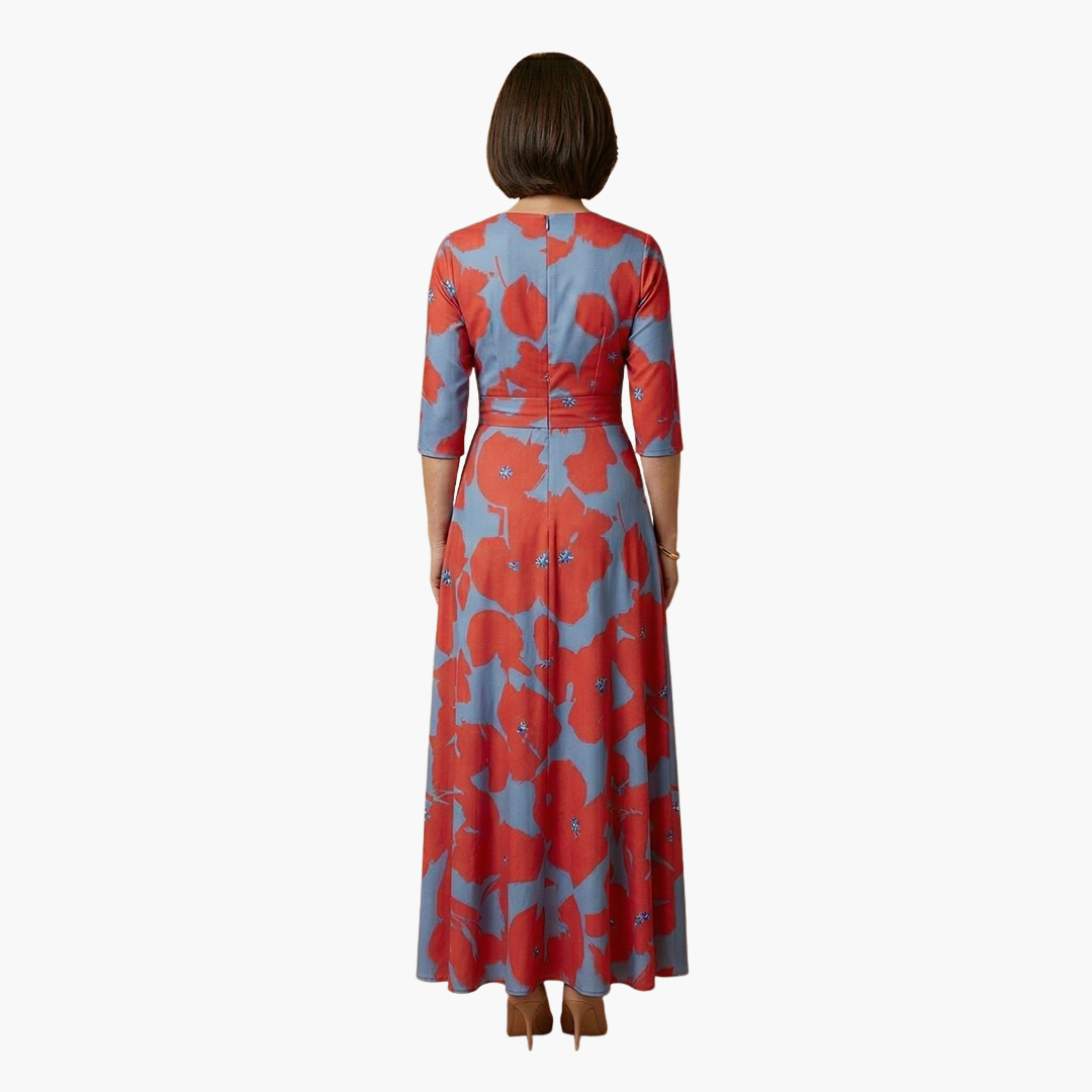Floral maxi dress for women featuring red and light blue pattern, waist belt, and 3/4 sleeves