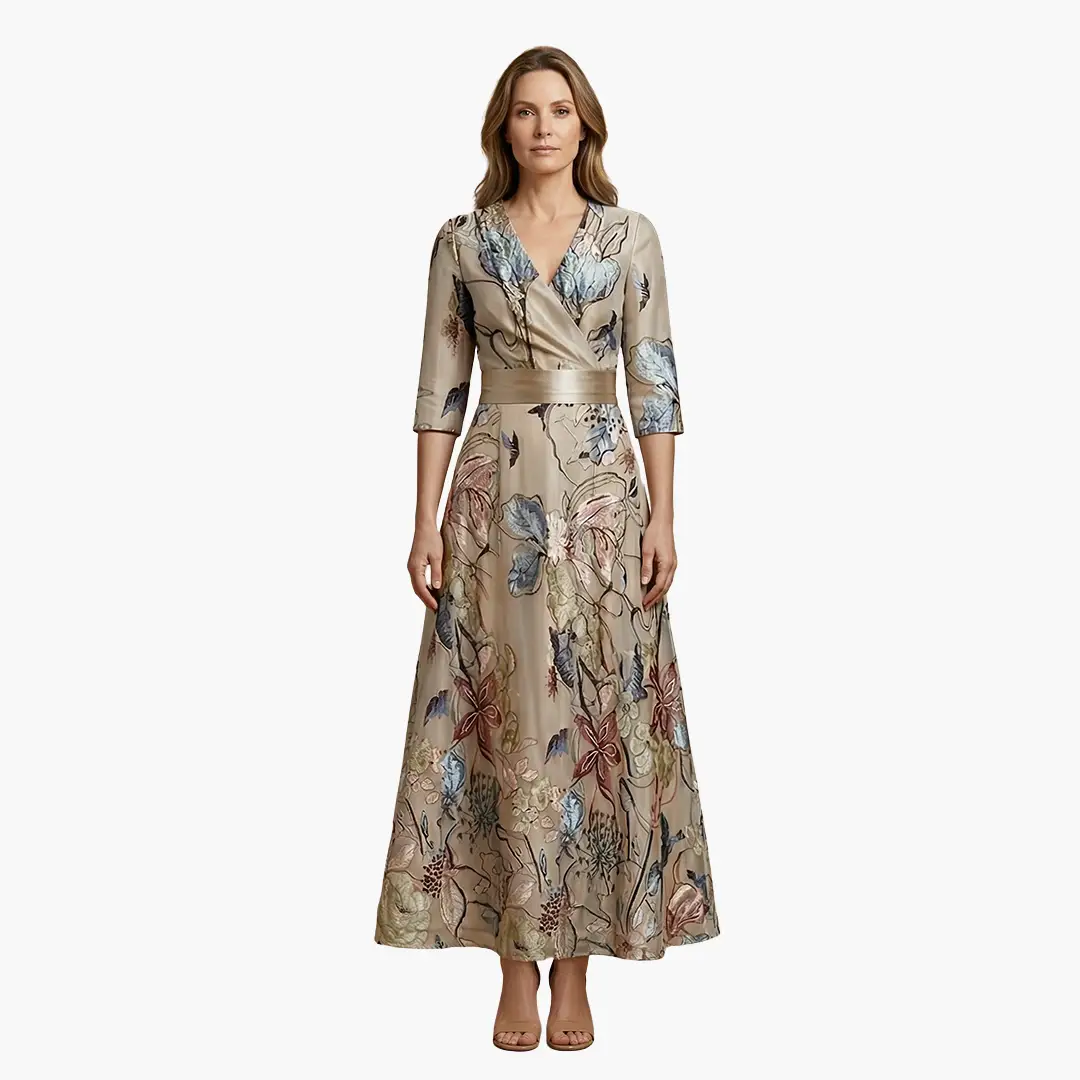 Floral maxi dress with V-neck, beige botanical print, satin waist belt, Wilfred Smith