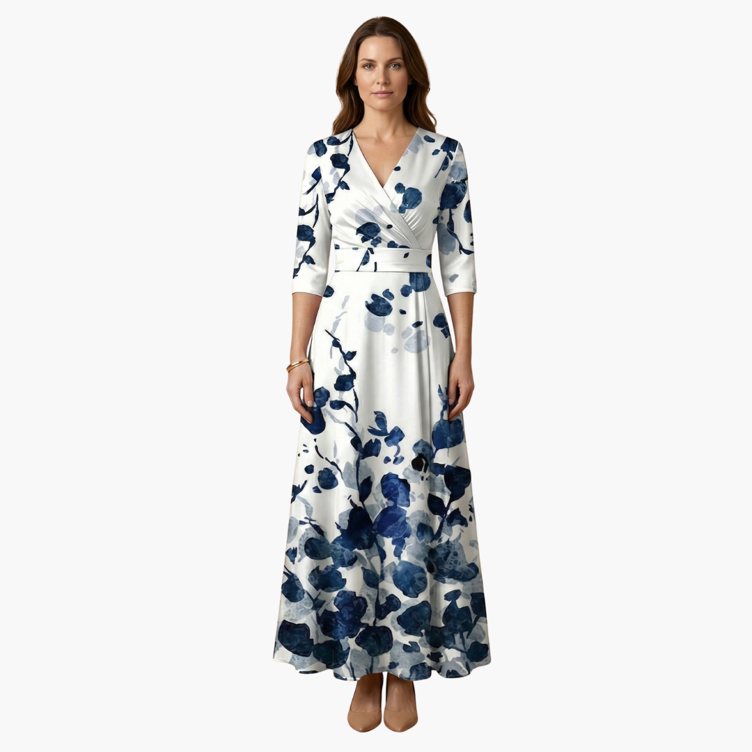 Floral V-neck long maxi dress for women in white with blue botanical print