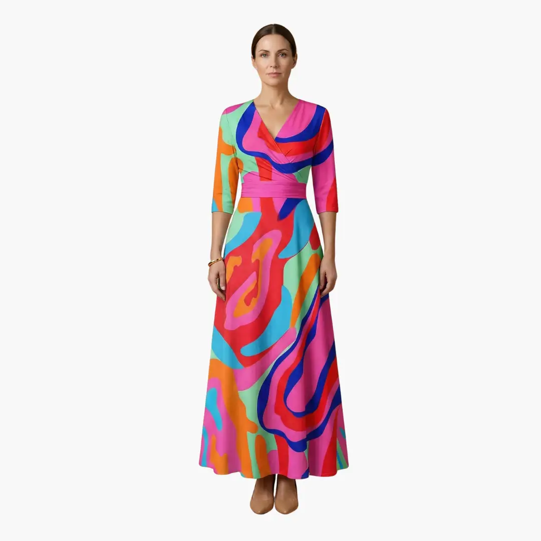 Floral dress with V-neck for women, vibrant colorful abstract print, long maxi.