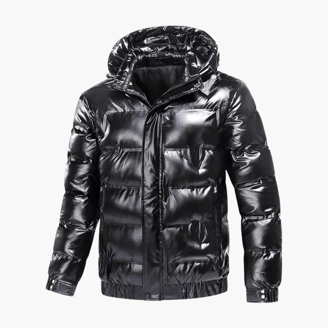 Men's black quilted hooded winter jacket by Wilfred Smith, puffer-style