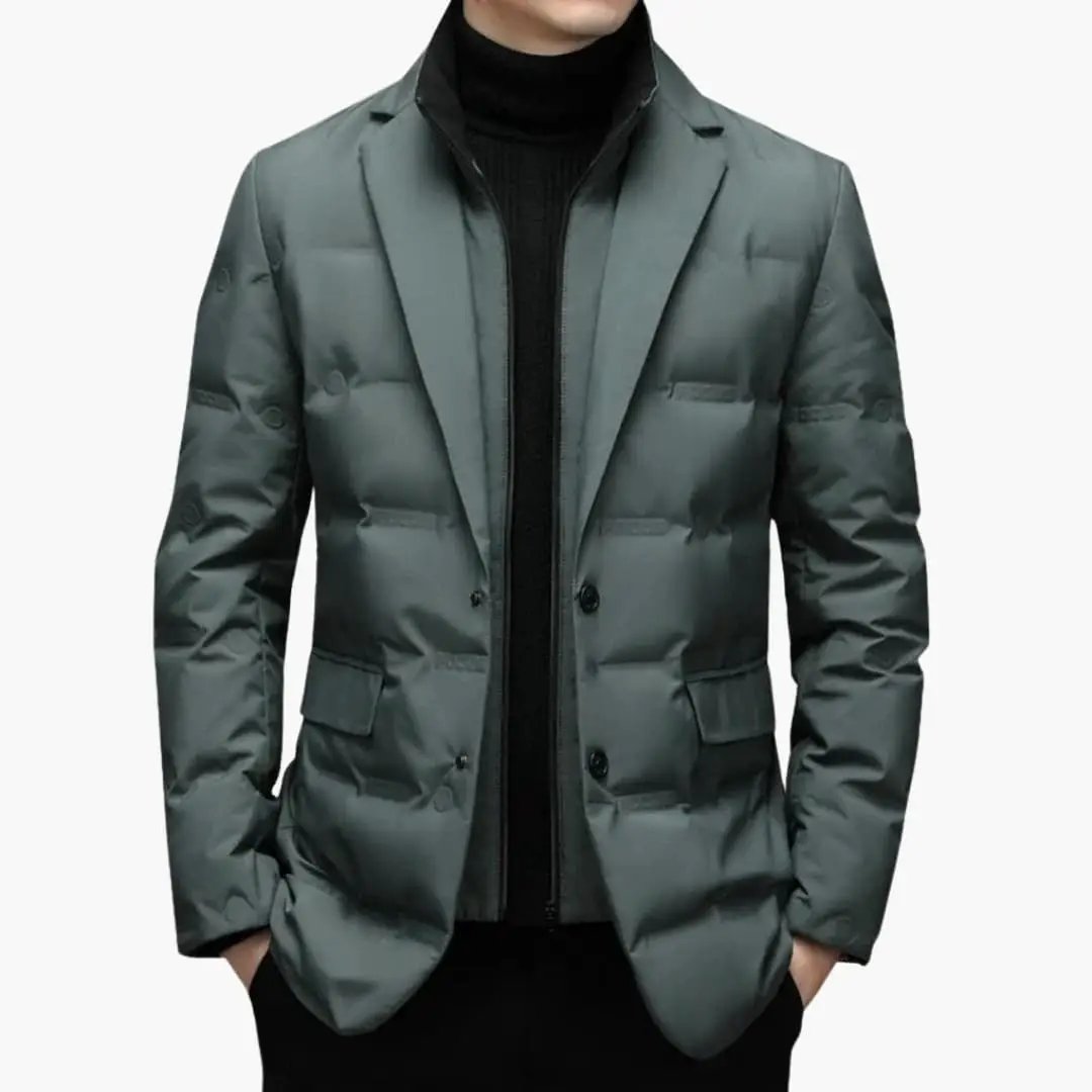 Men's blazer jacket by Wilfred Smith, quilted green-gray puffer-style with front pockets