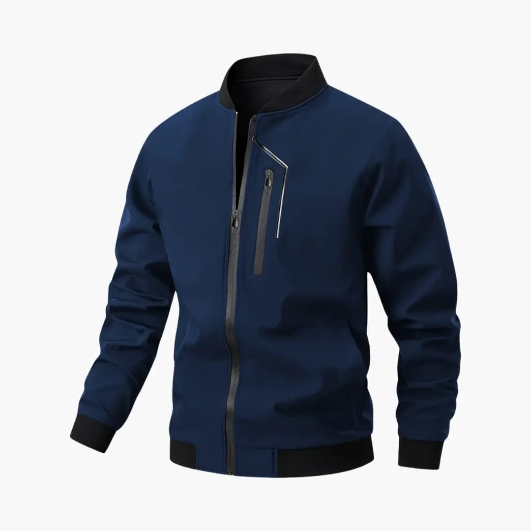 Men's navy bomber jacket with full zipper, black ribbed cuffs and collar, chest zip pocket.