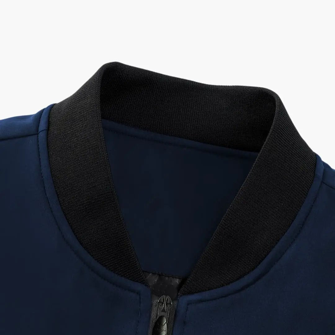 Men's bomber jacket in navy blue with black ribbed collar and front zipper