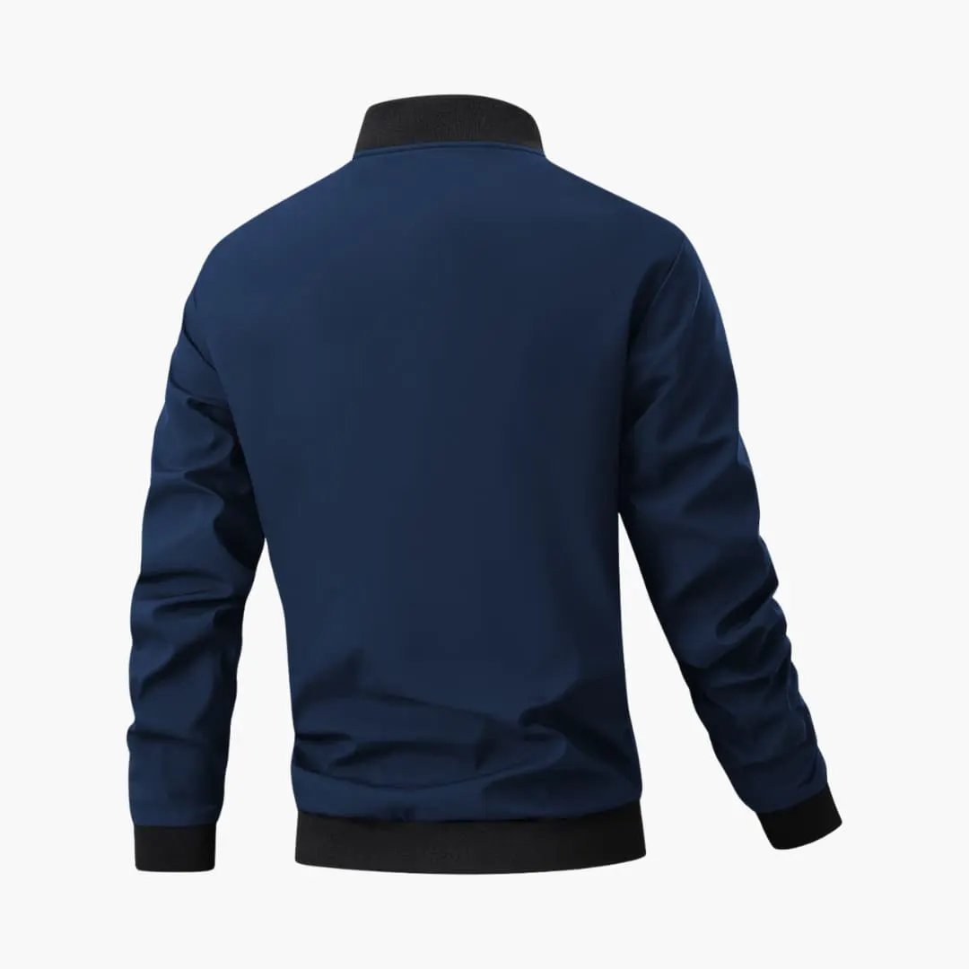 Men's bomber jacket in navy with black ribbed cuffs and hem