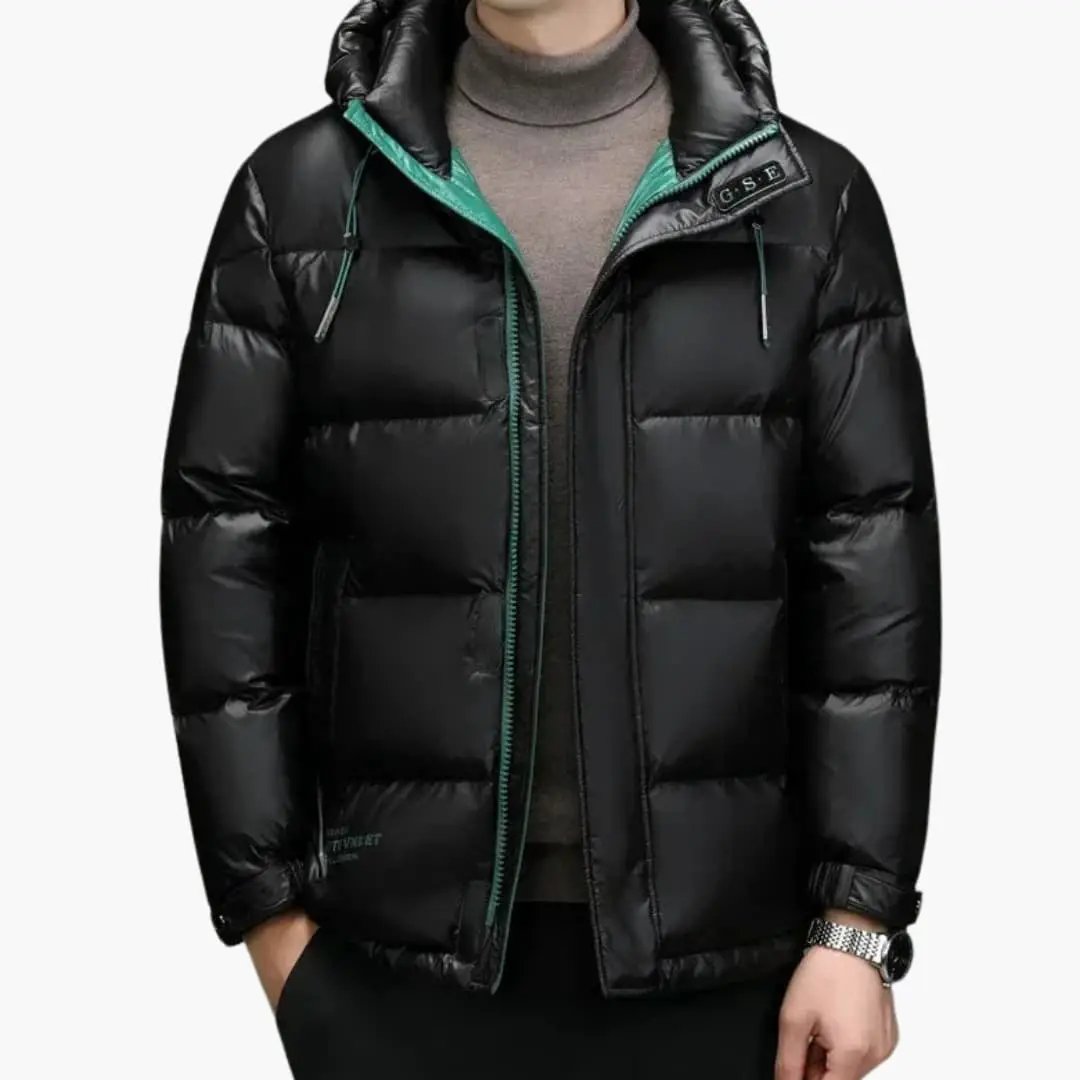 Men's down jacket with hood, black puffer with teal zipper trim by Wilfred Smith.