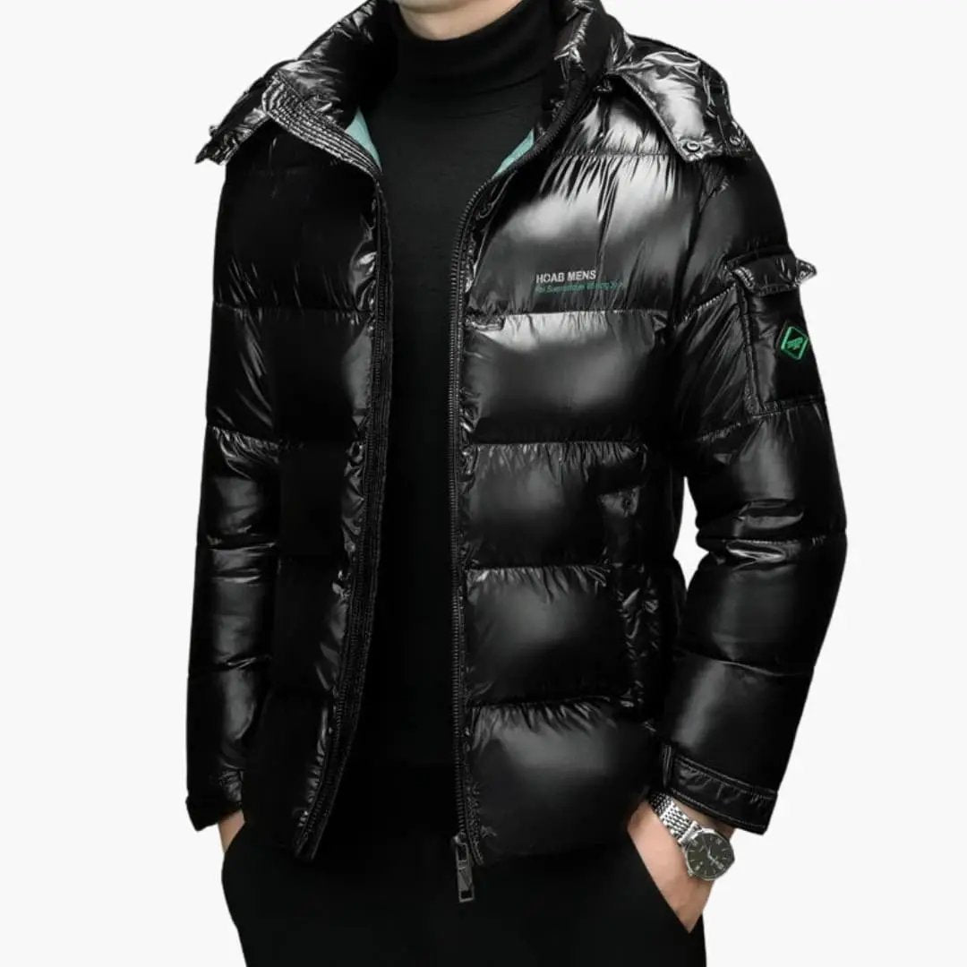 Men's down jacket, black glossy puffer with long sleeves by Wilfred Smith, front zipper