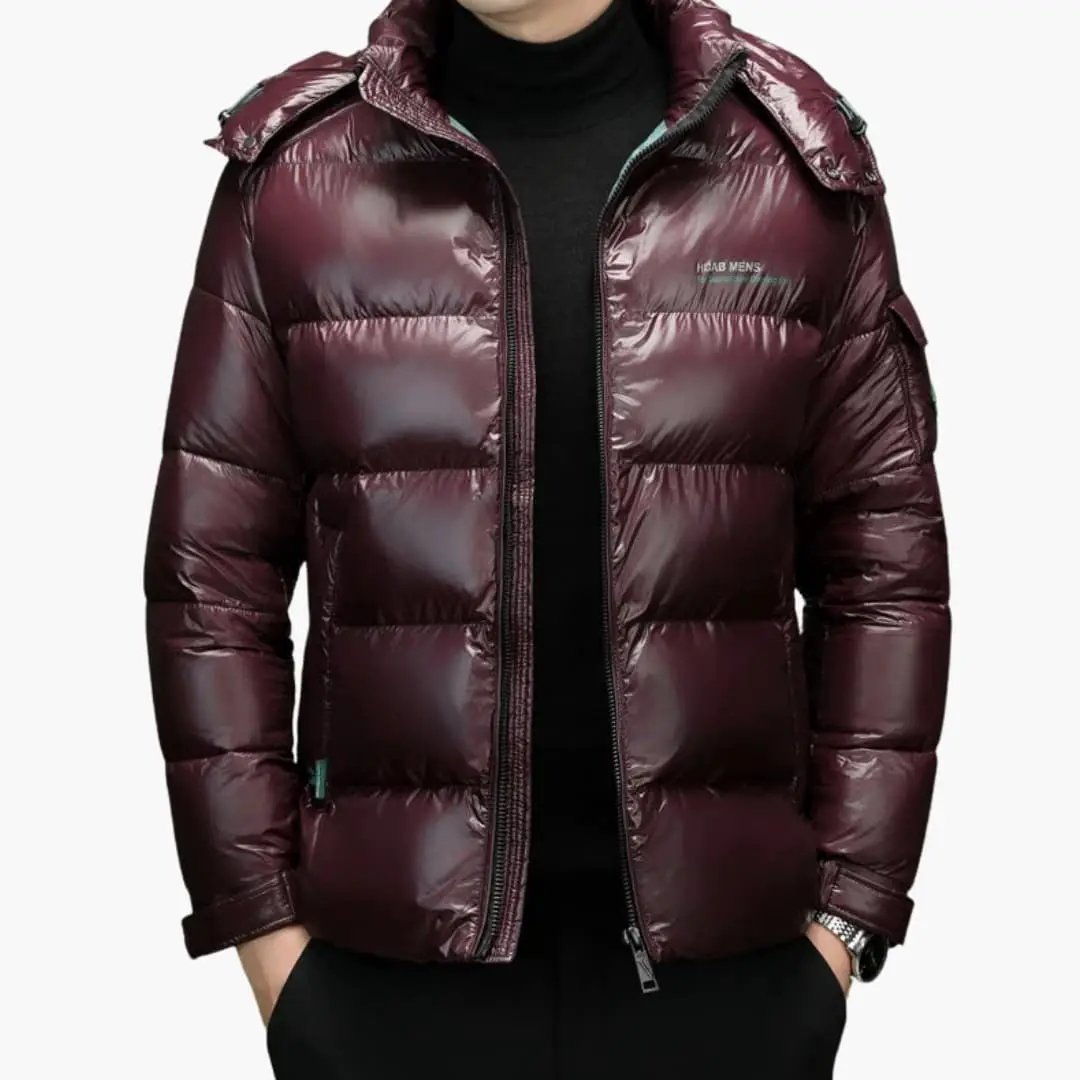 Men's down jacket by Wilfred Smith, burgundy hooded puffer with front zipper