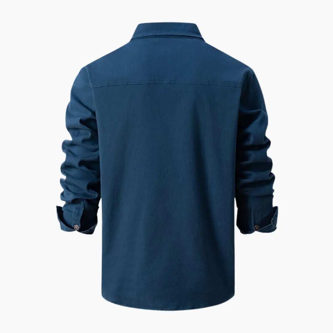 Men's long-sleeve shirt in navy blue, back view with a classic straight silhouette.