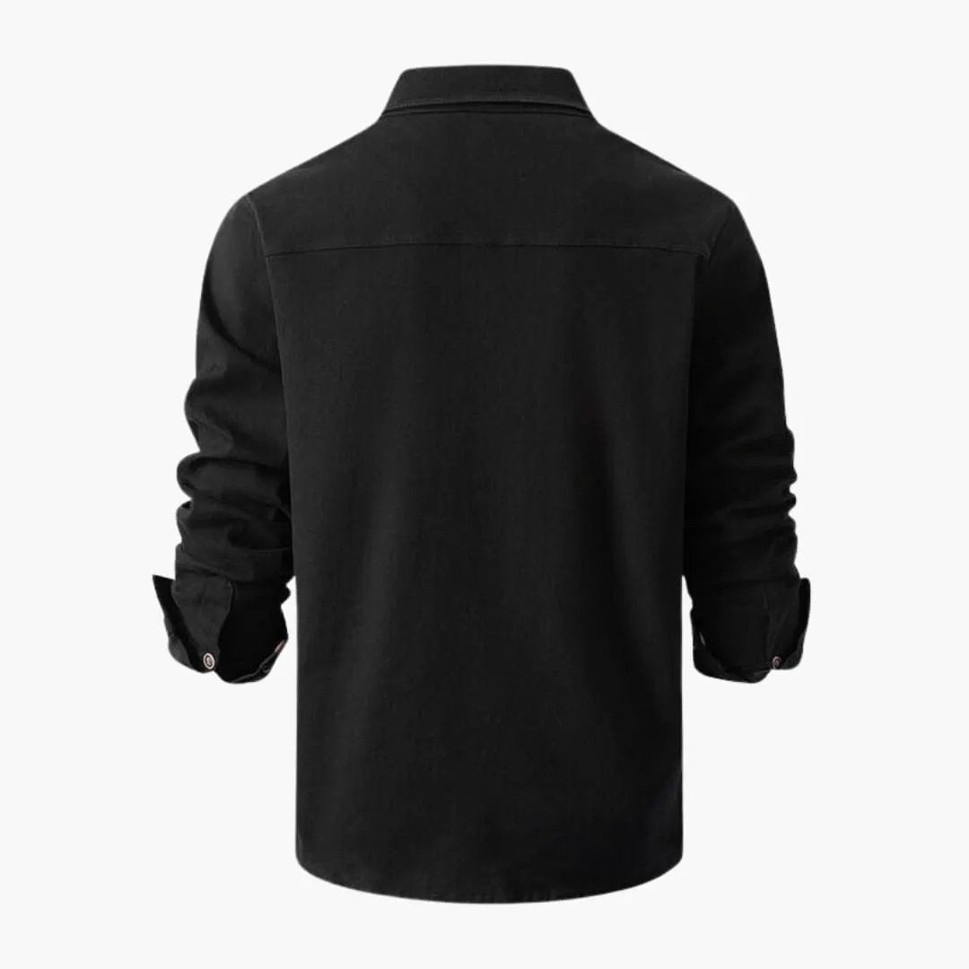Men's black long-sleeve shirt, back view with rolled cuffs.