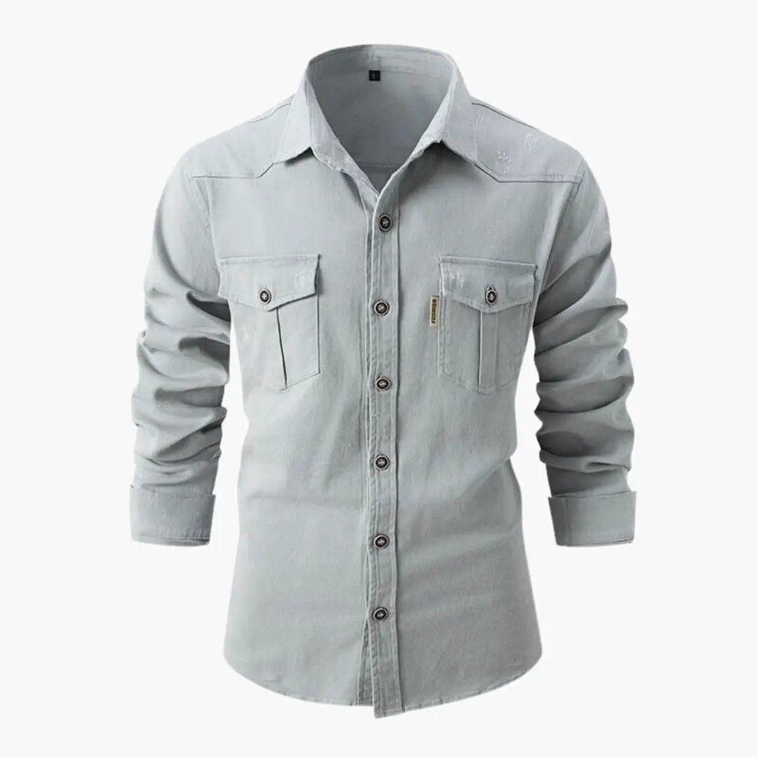Men's shirt with button placket and chest pockets in light gray, Wilfred Smith brand